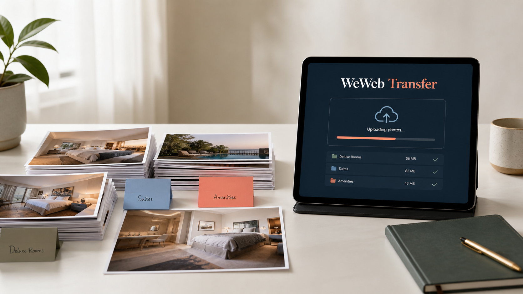 Organized accommodation photos beside a WeWeb Transfer upload screen